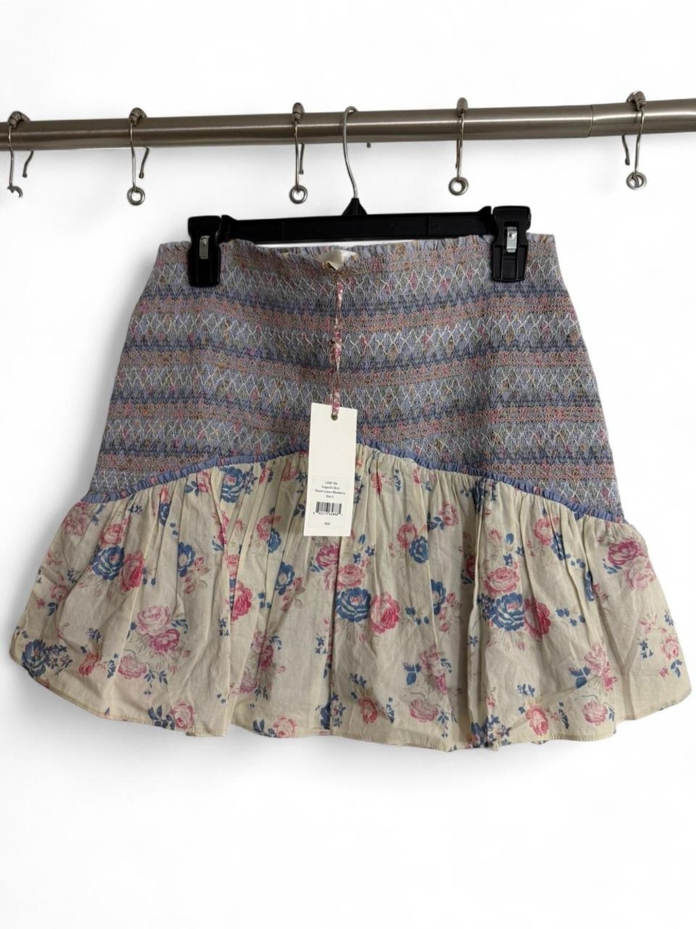 LoveShackFancy Cream Floral-Ruffle Mini Skirt with Multicolor Knit Waist